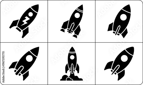 Graphic illustration of six square panels with black rocket silhouettes in various orientations on white
