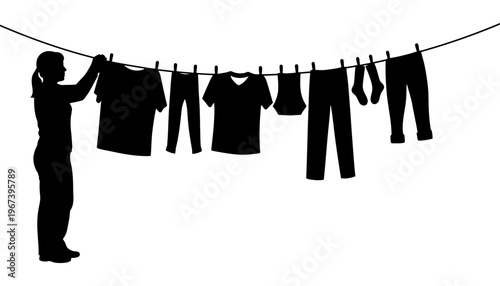 A woman hanging clothes on a line in a black silhouette illustration