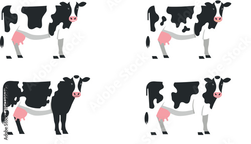 Set of Cartoon Black and White Cows with Different Poses for Farm, Animal, and Livestock Illustrations
