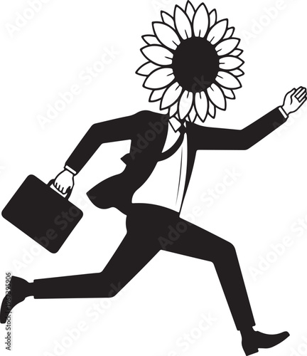 A surreal illustration depicts a person with a sunflower head running urgently clutching a briefcase symbolizing growth and business