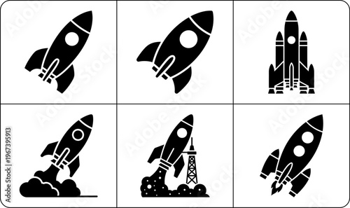 Six black and white rocket icons with unique poses conveying dynamic movement and energy on white background