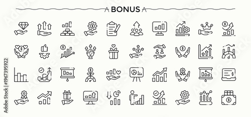 Bonus linear icon set. Trendy minimal icons. It contains symbols to incentive, gift, benefit, token, credit. Signs for web and mobile app. Prize icon set.