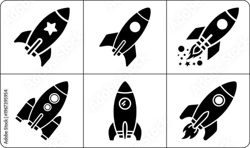 Six rectangular panels with different black rocket silhouettes separated by thin lines and thick outer border