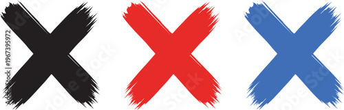 Three bold x marks a vibrant composition of black red and blue brushstroke xs on a white background