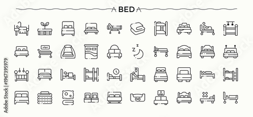 Bed icon. Pictograms of sleep, furniture, hotel, rest and more. Bedroom icon. Outline icons collection. Editable stroke. Vector collection.