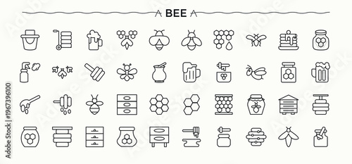 Bee And Honey icon set. Vector outline icons collection. Bee icon set in linear style. Contain linear sign food, comb, hive, beehive, beeswax and more.
