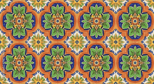 A vibrant seamless pattern of traditional ceramic tiles features orange, green, and blue floral motifs, creating a visually rich and repetitive design perfect for backgrounds or textiles.
