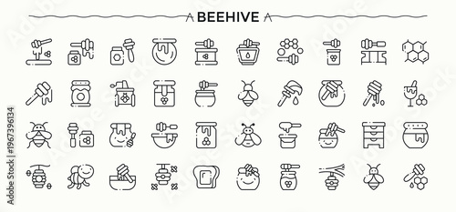 Bee And Honey icon set. Bee icon set. UI icons set in a thin style. Includes thin line symbols beeswax, bee, wax, honeycomb, farm, organic, natural and more. Pictogram and infographic.