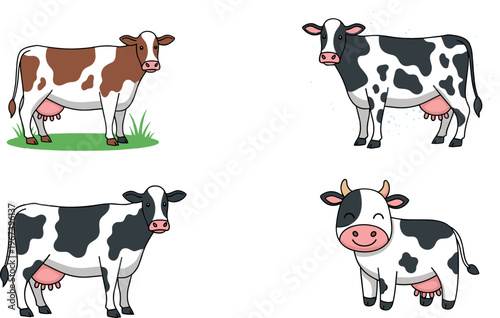 Set of Cartoon Brown and Black and White Cows with Different Expressions and Poses for Farm, Animal, and Children’s Illustrations