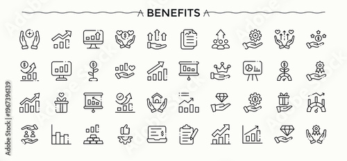 Benefits icon collection. Thin outline icons pack. Pictogram and infographic. Employee Benefit simple icon set. Pack of pay, employee benefit, gift, reward, benefit and more.