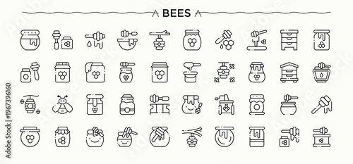 Set of Bee And Honey line icon. Contains such icons as beehive, natural, bee, honey, bees, comb, honeycomb and more. Set of line pictogram. Bees icon set. Signs for web and mobile app.