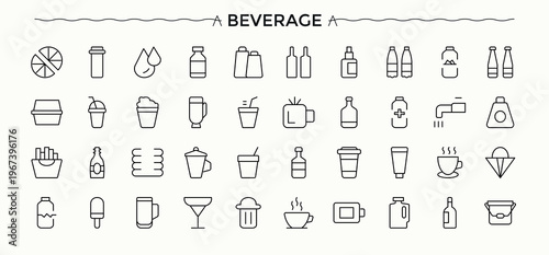 Beverage line icon set. Contains such icons as champagne, beer, wine, juice, drink, cocktail and more. Drinks simple icon set. UI icons set in a thin style. Pixel perfect. Editable stroke.