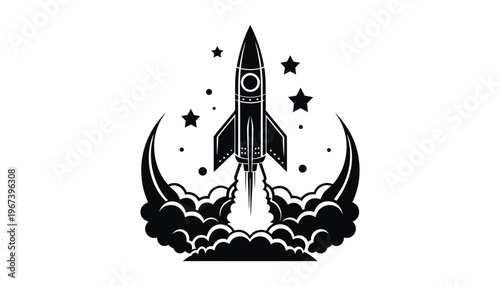 A rocket ship icon launching into space with stars and clouds