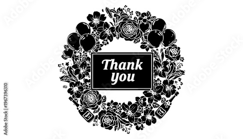 A floral wreath with a thank you message in the center