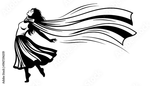 A woman dancing silhouette with flowing dress and scarf illustration