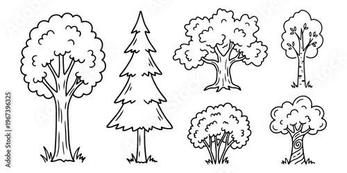 Forest trees collection: simple organic line art doodles, black ink, isolated on white background