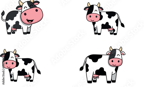 Set of Cute Cartoon Black and White Cows with Different Expressions for Farm, Animal, and Children’s Illustrations