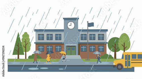 Children with umbrellas walking to school on a rainy day with school bus