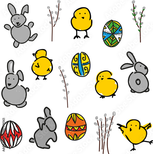 Hand drawn Easter set with cute bunny, chicks, decorated pysanka eggs, baskets and pussy willow branches verba. Simple doodle style illustration isolated on white background. 