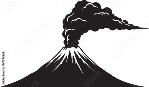Black and white volcano erupting with smoke eruption