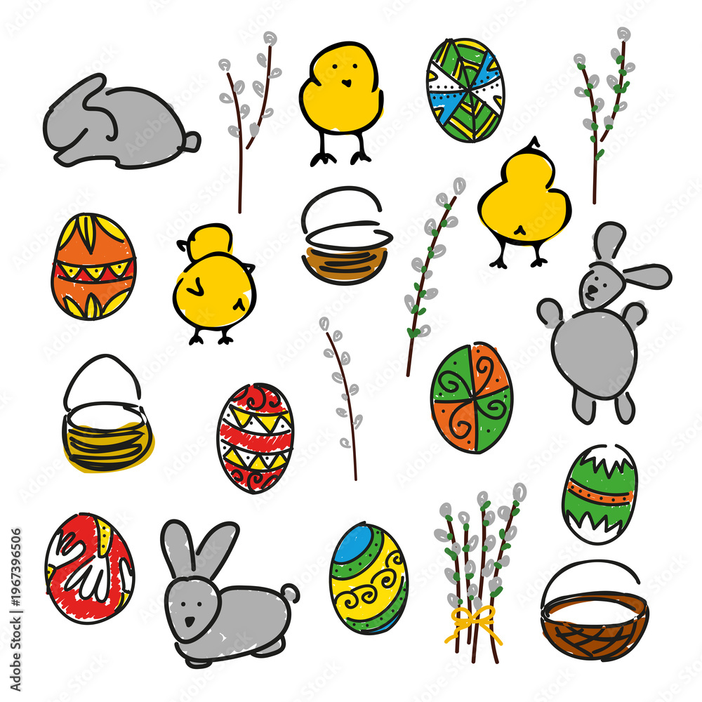 Fototapeta premium Hand drawn Easter set with cute bunny, chicks, decorated pysanka eggs, baskets and pussy willow branches verba. Simple doodle style illustration isolated on white background. 
