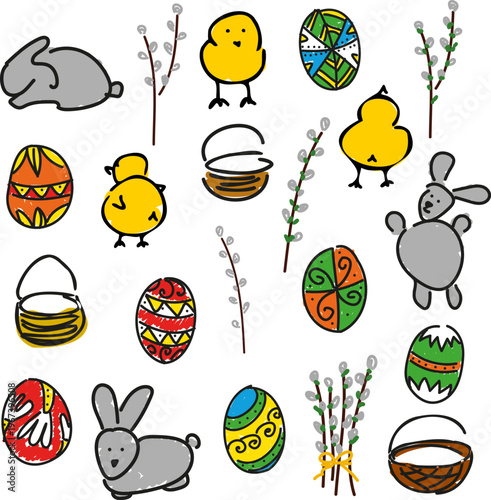 Hand drawn Easter set with cute bunny, chicks, decorated pysanka eggs, baskets and pussy willow branches verba. Simple doodle style illustration isolated on white background.