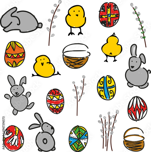 Hand drawn Easter set with cute bunny, chicks, decorated pysanka eggs, baskets and pussy willow branches verba. Simple doodle style illustration isolated on white background. 