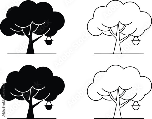 Set of tree icons with a hanging bucket