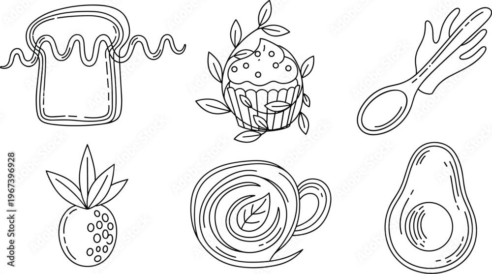 Fototapeta premium Breakfast and Food Icon Set Featuring Toast, Avocado, Pineapple, and Roll for Food, Snack, and Culinary Designs