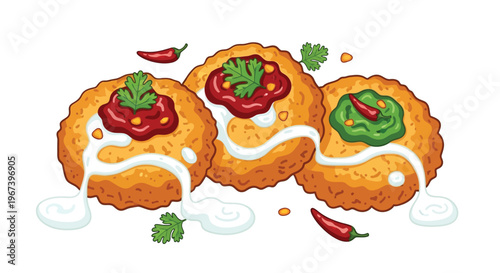 A vibrant illustration of three delicious looking fried foods with various toppings and garnishes on a clean white background