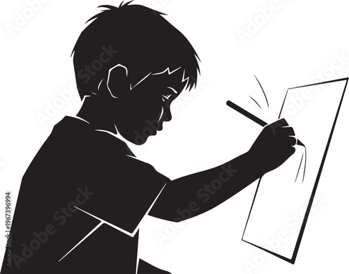 Black silhouette boy on whiteboard writing