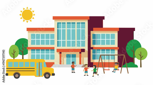 School building with playground, kids, and school bus in flat illustration