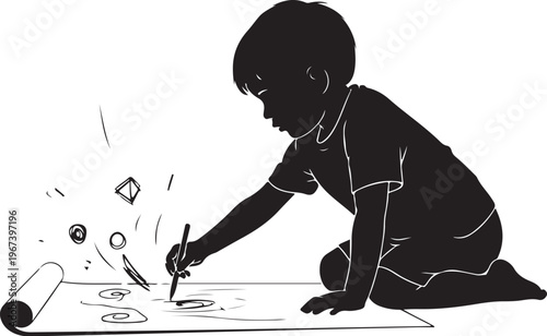 Black silhouette child on paper with pencil