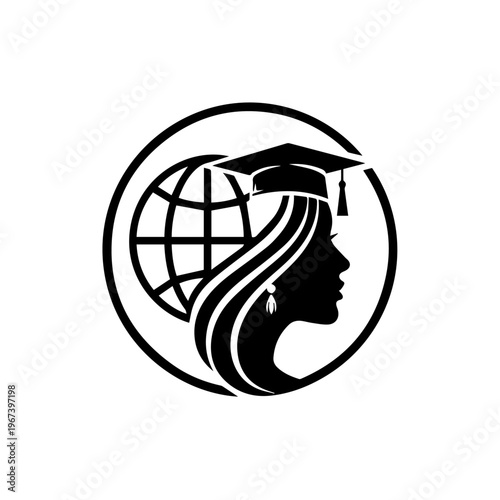 Graduation Cap Globe Woman Profile Silhouette Symbolizing Global Education and Achievement