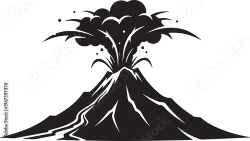 Black silhouette erupting volcano with smoke and ash