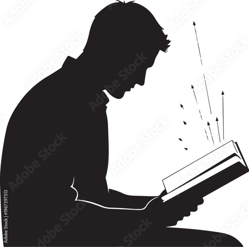 Black silhouette man reading book with arrows rising