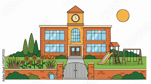 School Building with Clock Tower, Playground, and Garden Illustration