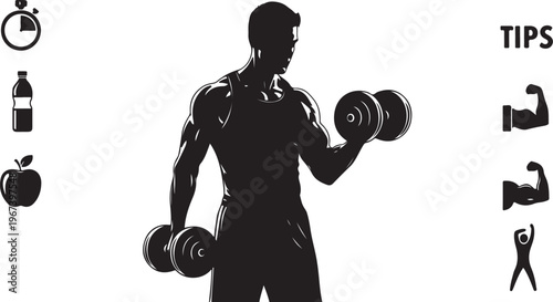 Black silhouette man lifting dumbbells with fitness
