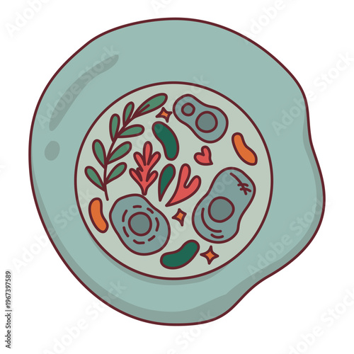 Biological cell with various organelles and nucleus anatomy graphic