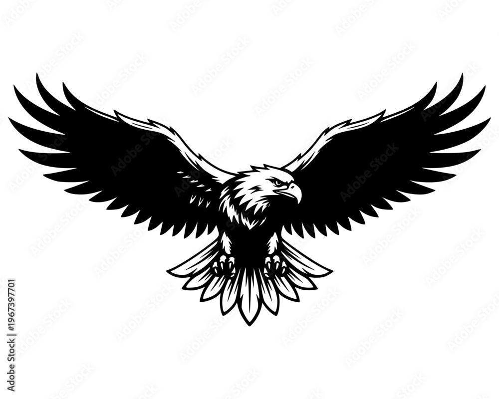 Fototapeta premium Silhouette Eagle spreading wings in flight front view vector illustration 