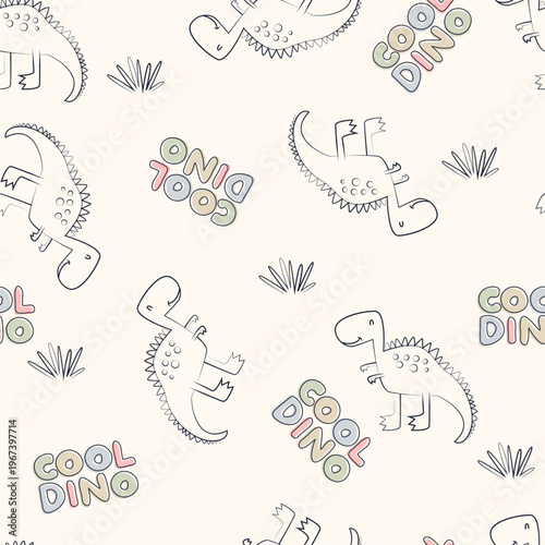 Seamless pattern of hand-drawn Tyrannosaurus Rex with 