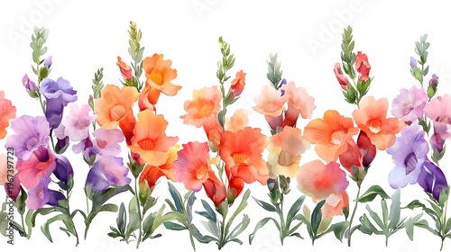 Watercolor painting depicts a seamless border composed of colorful blossoms and foliage against a white background