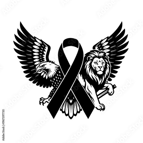 United Strength Majestic Eagle, Valiant Lion, and Black Ribbon Symbol for Resilience and Remembrance