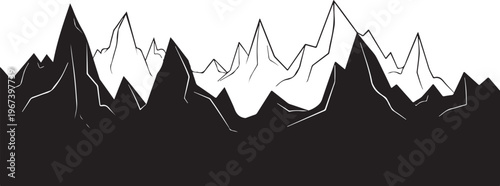Black silhouette mountain range with white outline peaks on white background