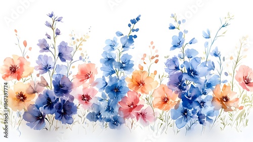 Watercolor painting depicts a border arrangement of tall blue and shorter orange pink blossoms