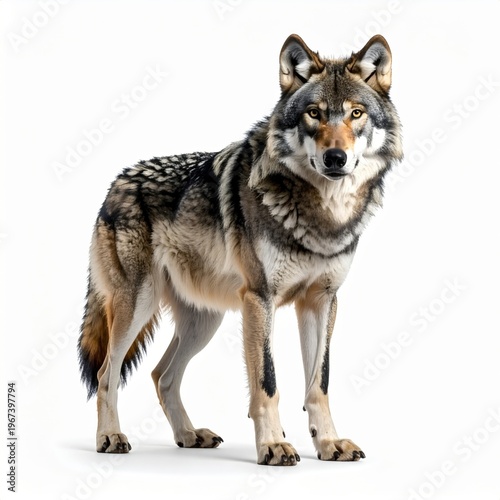 Full body studio portrait of a gray wolf standing on a white background, looking forward. Features highly detailed fur in gray, tan, and black tones with yellow eyes and alert ears.