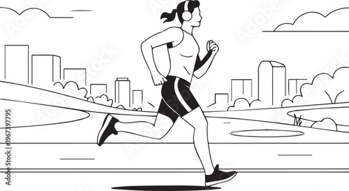 Athletic woman with headphones running outdoors in park with city skyline in background, healthy lifestyle and fitness concept