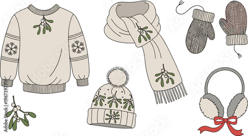 Christmas Winter Clothing Icon Set Featuring Sweater, Scarf, Mittens, Hat, and Ear Muffs with Mistletoe for Holiday and Winter Fashion Designs