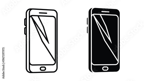 Two smartphones with cracked screens illustrated in contrasting styles