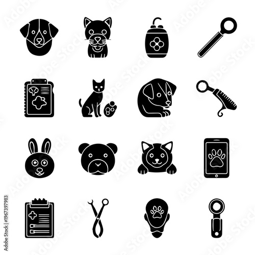 Diverse Animal Care Icons Grooming Tools, Veterinary Services, and Beloved Pets